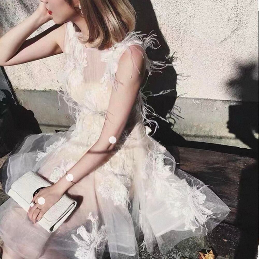 White Lace Feather Wedding Dress Puffy Tulle Mini Dress with Nude Slip Size S